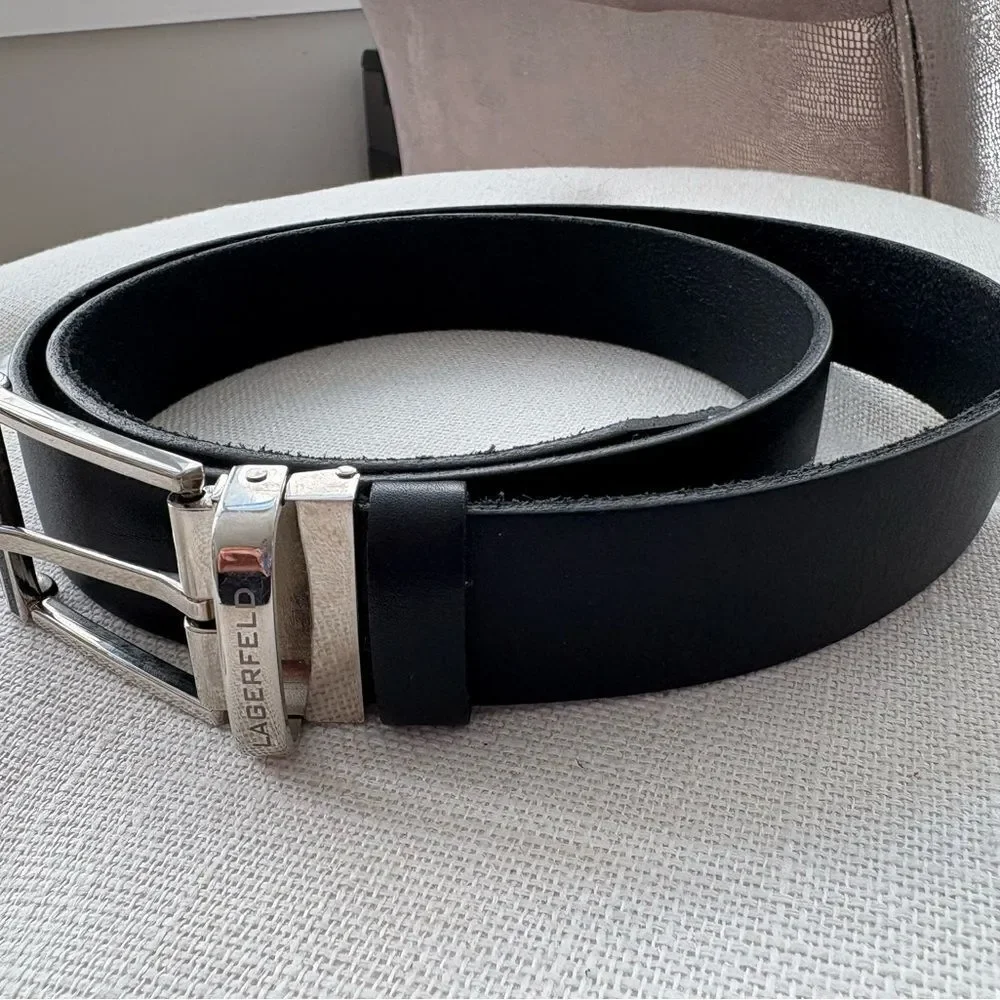 Karl Lagerfeld Men’s Black Leather Belt Silver Buckle Size 125 Italy